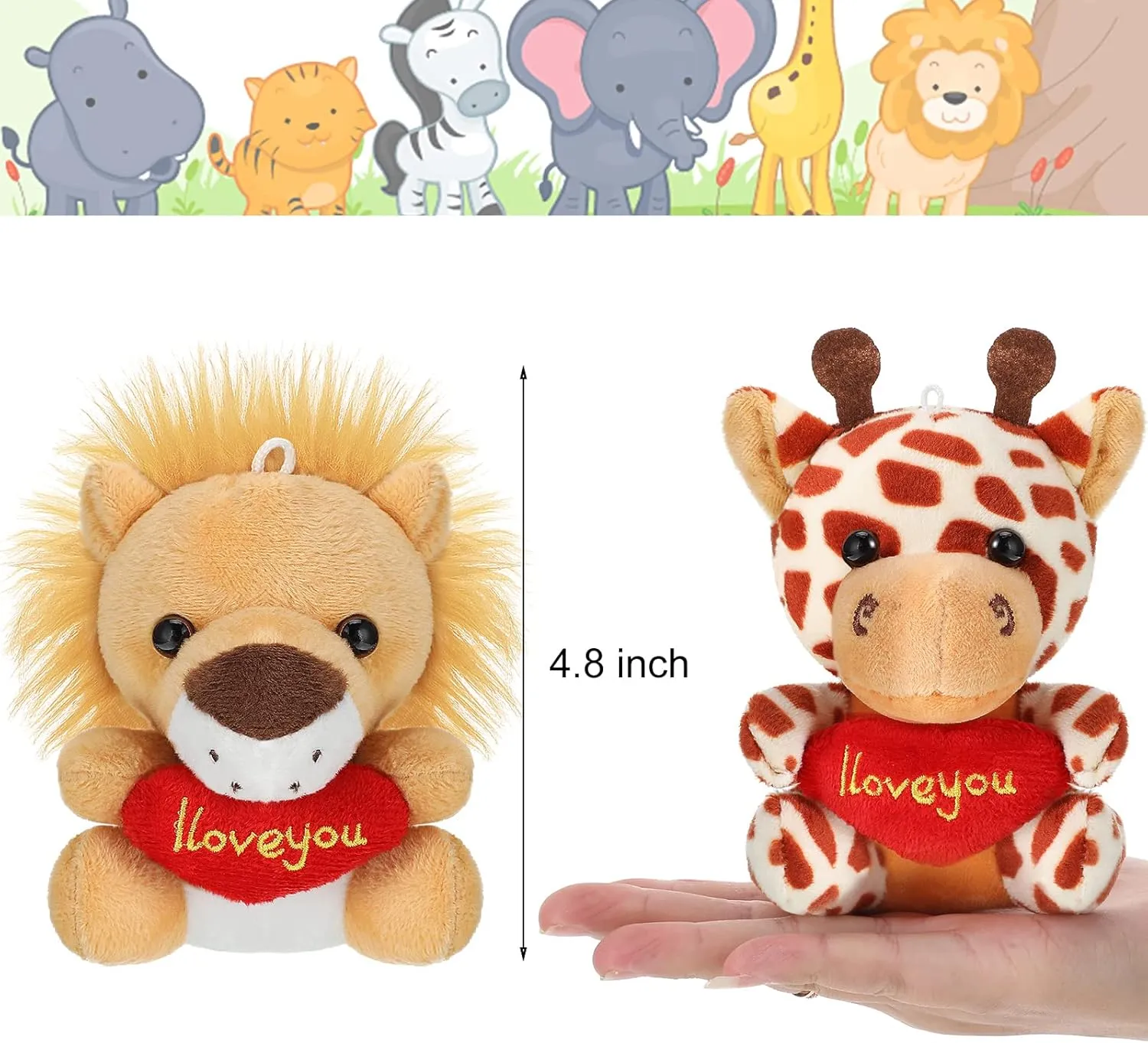Sumind 12 Pieces Mini Stuffed Forest Animals Jungle Animal Plush Toys 4.8 Inch Cute Elephant Lion Giraffe Tiger Plush for Animal Themed Parties Achievement(Heart)