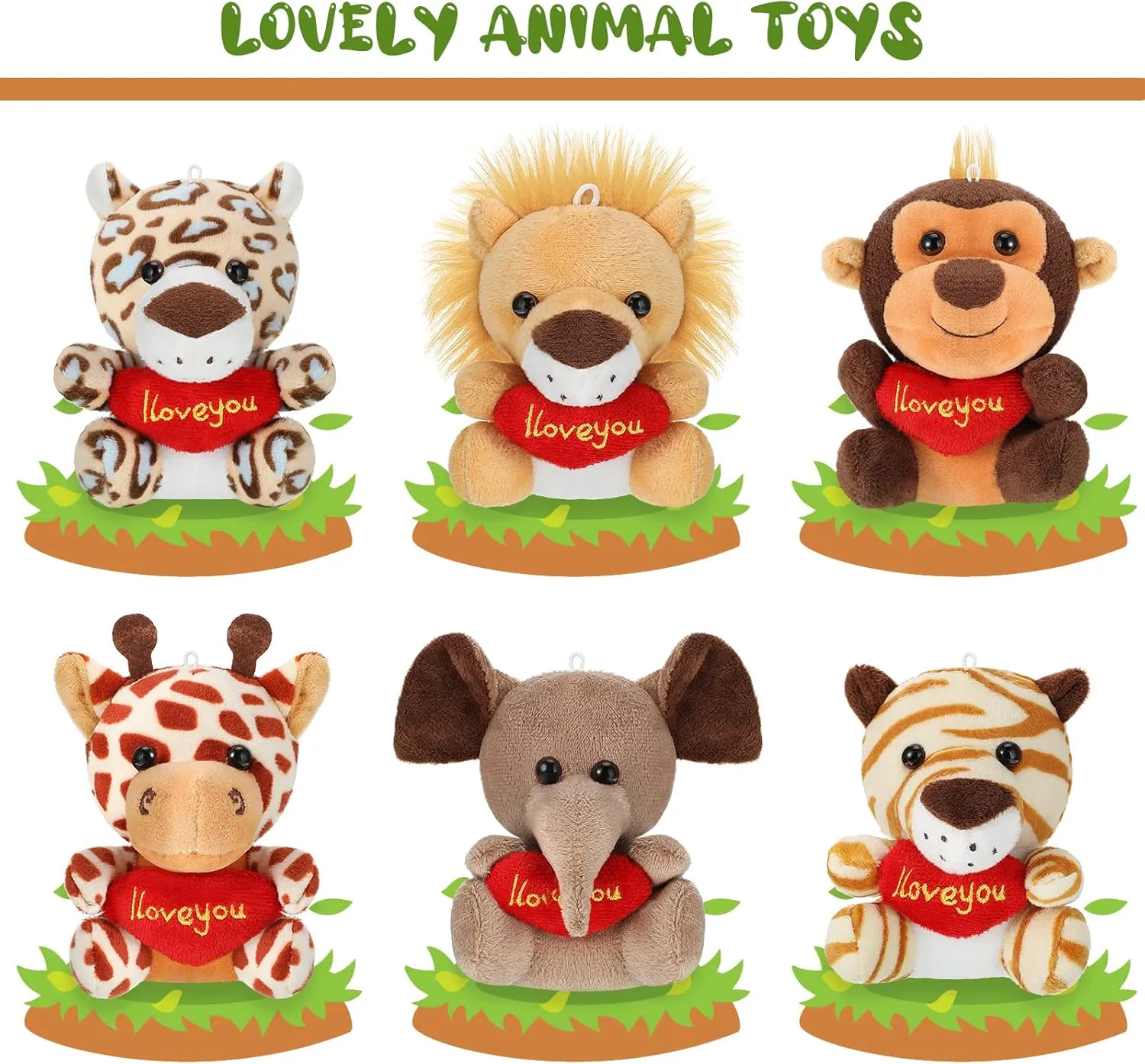 Sumind 12 Pieces Mini Stuffed Forest Animals Jungle Animal Plush Toys 4.8 Inch Cute Elephant Lion Giraffe Tiger Plush for Animal Themed Parties Achievement(Heart)