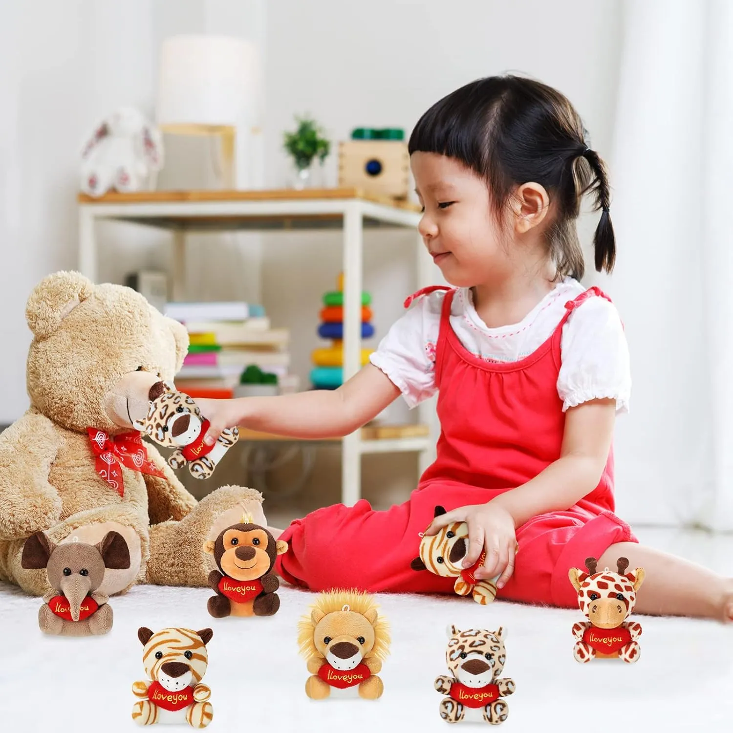 Sumind 12 Pieces Mini Stuffed Forest Animals Jungle Animal Plush Toys 4.8 Inch Cute Elephant Lion Giraffe Tiger Plush for Animal Themed Parties Achievement(Heart)