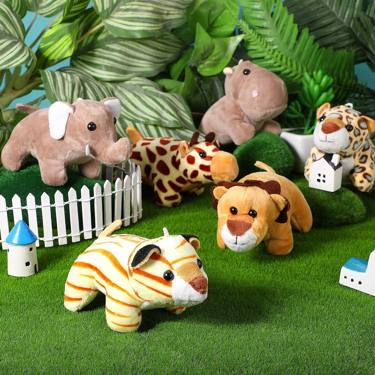 Sumind 12 Pieces Mini Stuffed Forest Animals Jungle Animal Plush Toys 4.8 Inch Cute Elephant Lion Giraffe Tiger Plush for Animal Themed Parties Achievement(Lying)