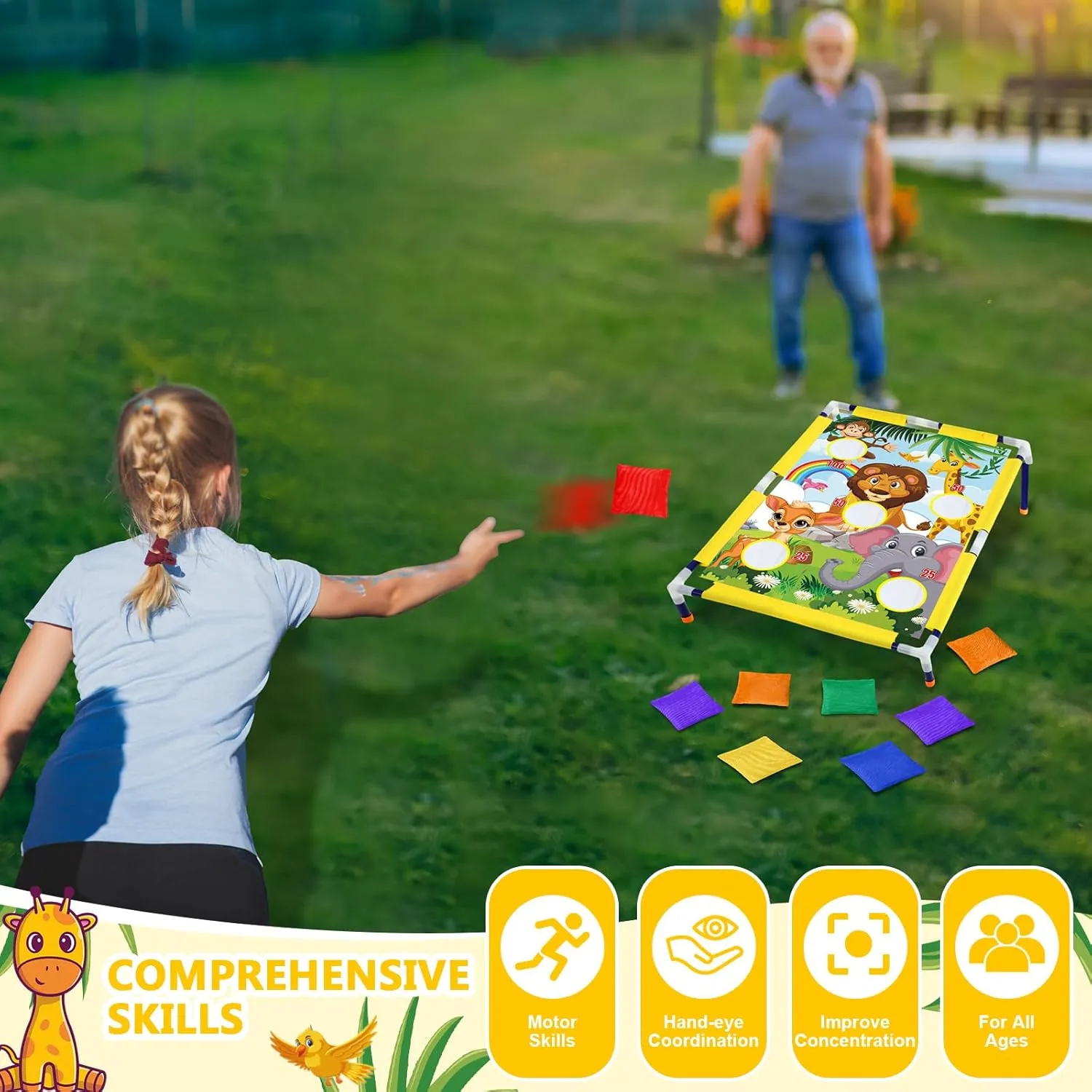 Summer Bean Bag Toss Games with 6 Bean Bags Portable PVC Framed Corn Hole Game Set for Beach Safari Theme Outdoor Game Party