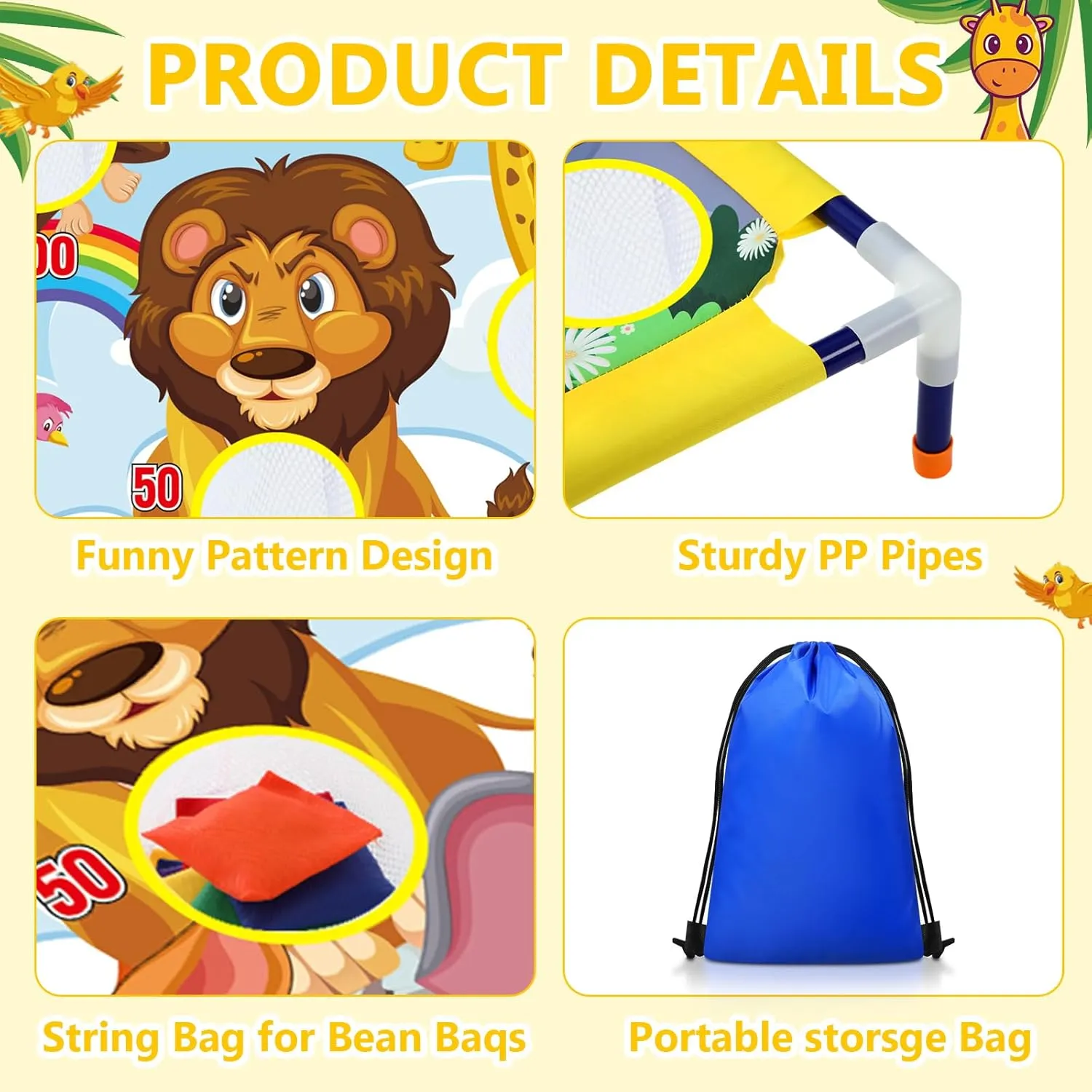 Summer Bean Bag Toss Games with 6 Bean Bags Portable PVC Framed Corn Hole Game Set for Beach Safari Theme Outdoor Game Party
