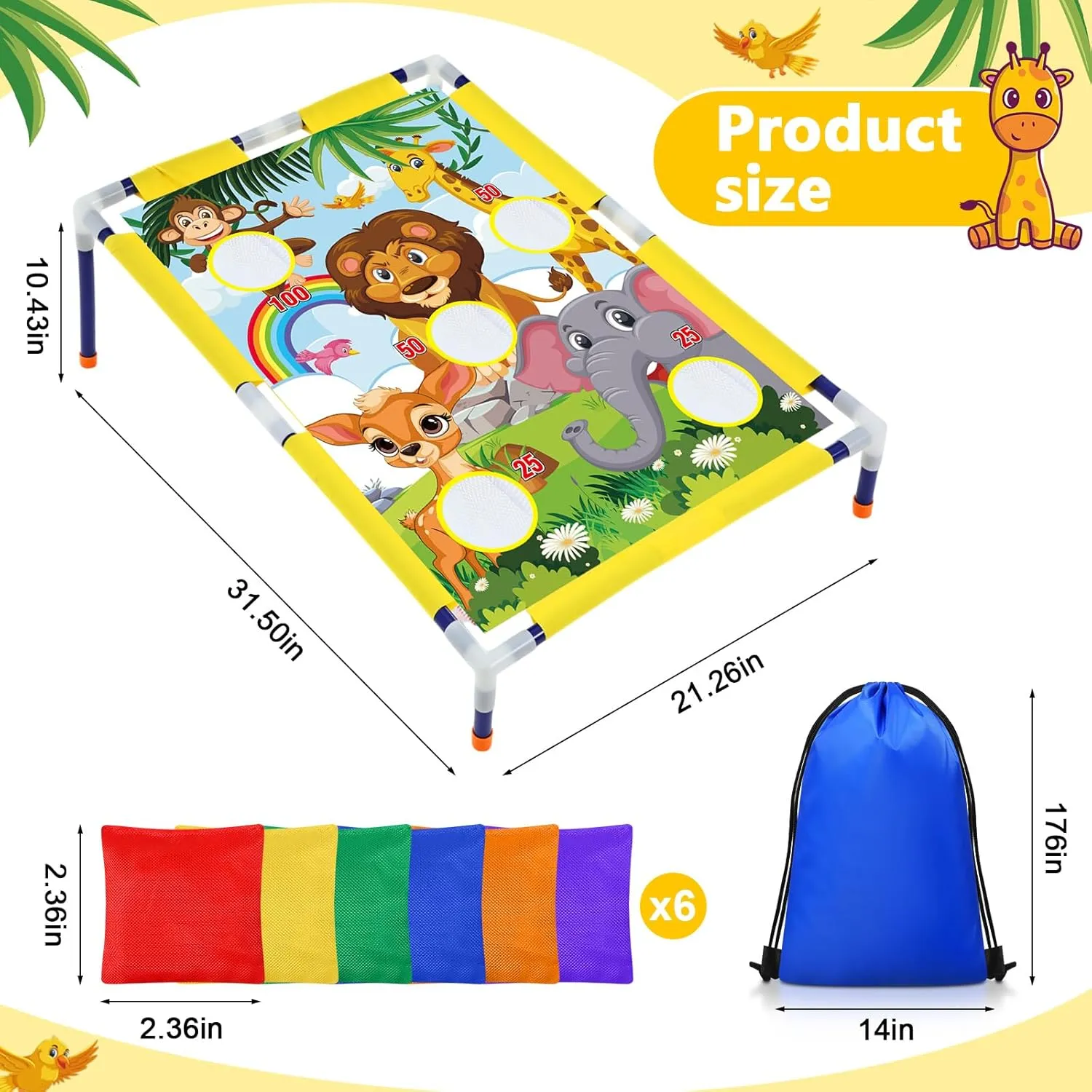 Summer Bean Bag Toss Games with 6 Bean Bags Portable PVC Framed Corn Hole Game Set for Beach Safari Theme Outdoor Game Party