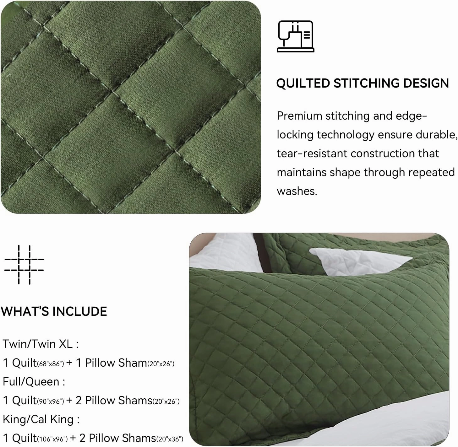 SunStyle Home Quilt Set Twin Olive Green Lightweight Bedspread Soft Reversible Coverlet for All Season 2pcs Army Green Diamond Quilted Bedding Sets (1 Quilt 1 Pillow Sham)(68"x86")