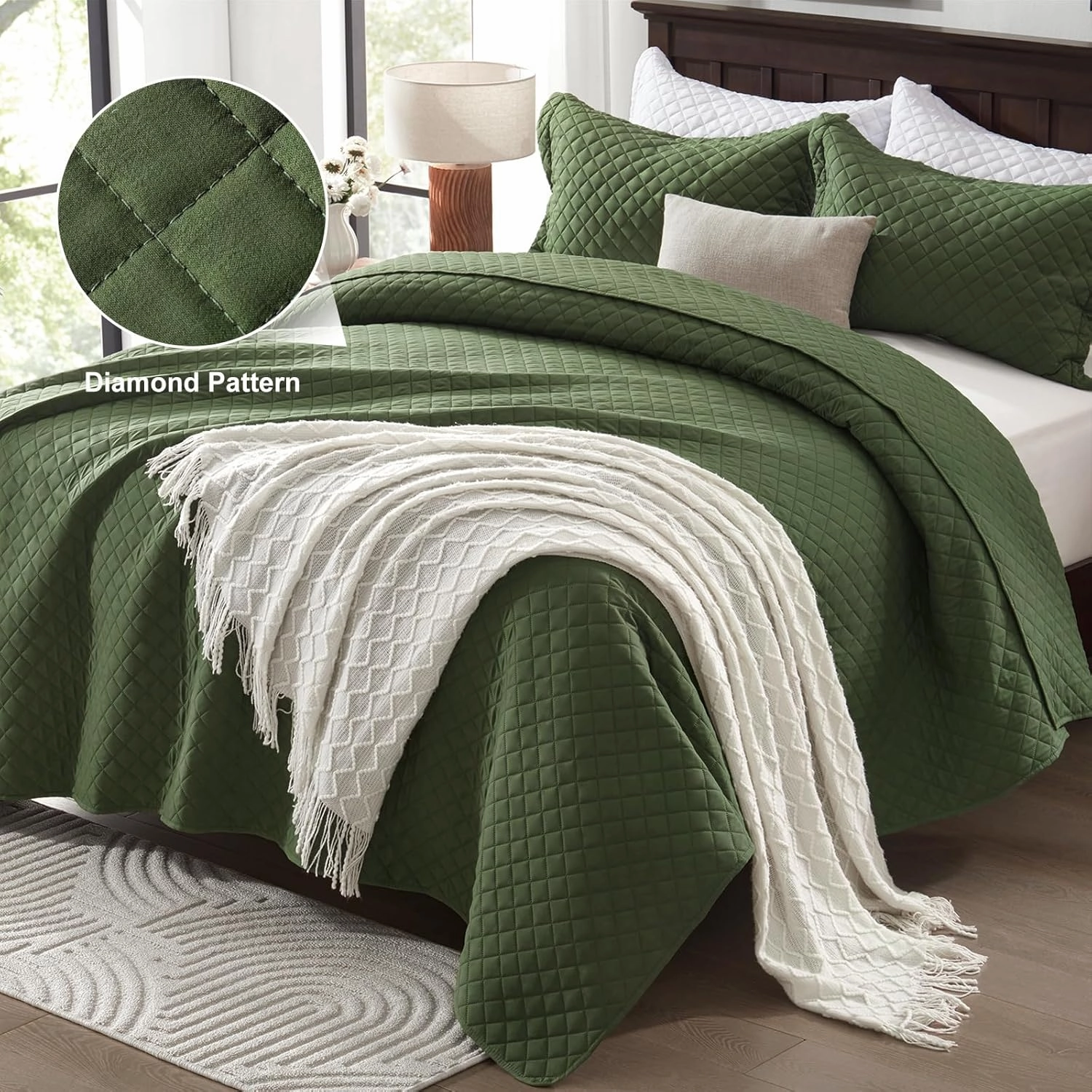 SunStyle Home Quilt Set Twin Olive Green Lightweight Bedspread Soft Reversible Coverlet for All Season 2pcs Army Green Diamond Quilted Bedding Sets (1 Quilt 1 Pillow Sham)(68"x86")