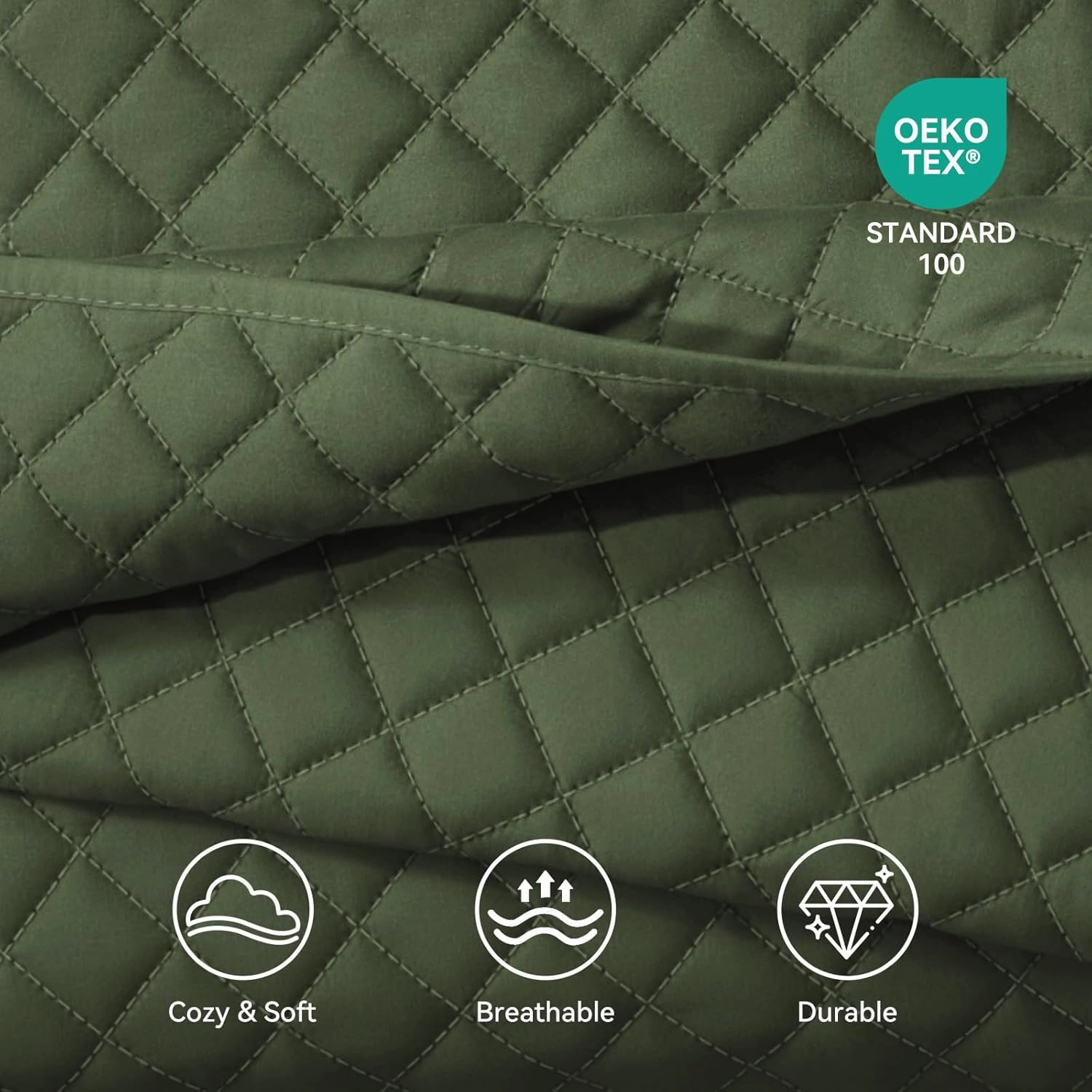 SunStyle Home Quilt Set Twin Olive Green Lightweight Bedspread Soft Reversible Coverlet for All Season 2pcs Army Green Diamond Quilted Bedding Sets (1 Quilt 1 Pillow Sham)(68"x86")