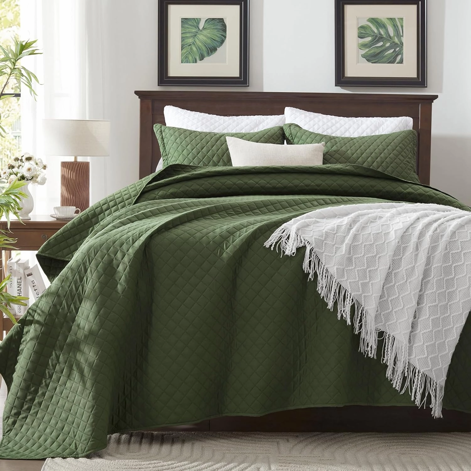 SunStyle Home Quilt Set Twin Olive Green Lightweight Bedspread Soft Reversible Coverlet for All Season 2pcs Army Green Diamond Quilted Bedding Sets (1 Quilt 1 Pillow Sham)(68"x86")