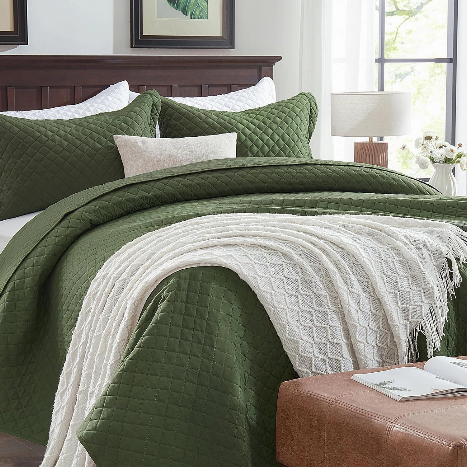 SunStyle Home Quilt Set Twin Olive Green Lightweight Bedspread Soft Reversible Coverlet for All Season 2pcs Army Green Diamond Quilted Bedding Sets (1 Quilt 1 Pillow Sham)(68"x86")