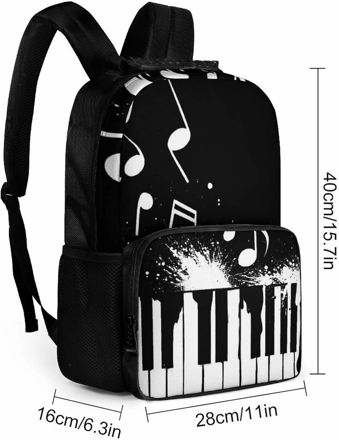 Supdreamc Men Women Polyester Black And White Piano Keys With Musical Notes Daypack Big Capacity Shoulder Bag With Smooth Zippers for Hiking Work Walking Cycling