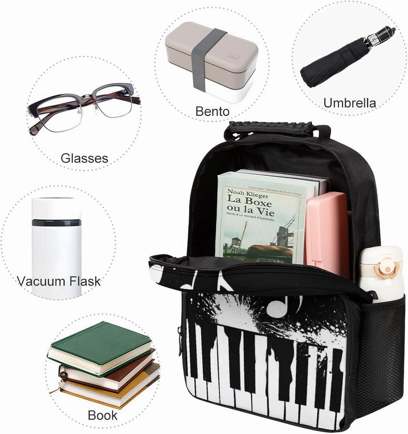 Supdreamc Men Women Polyester Black And White Piano Keys With Musical Notes Daypack Big Capacity Shoulder Bag With Smooth Zippers for Hiking Work Walking Cycling