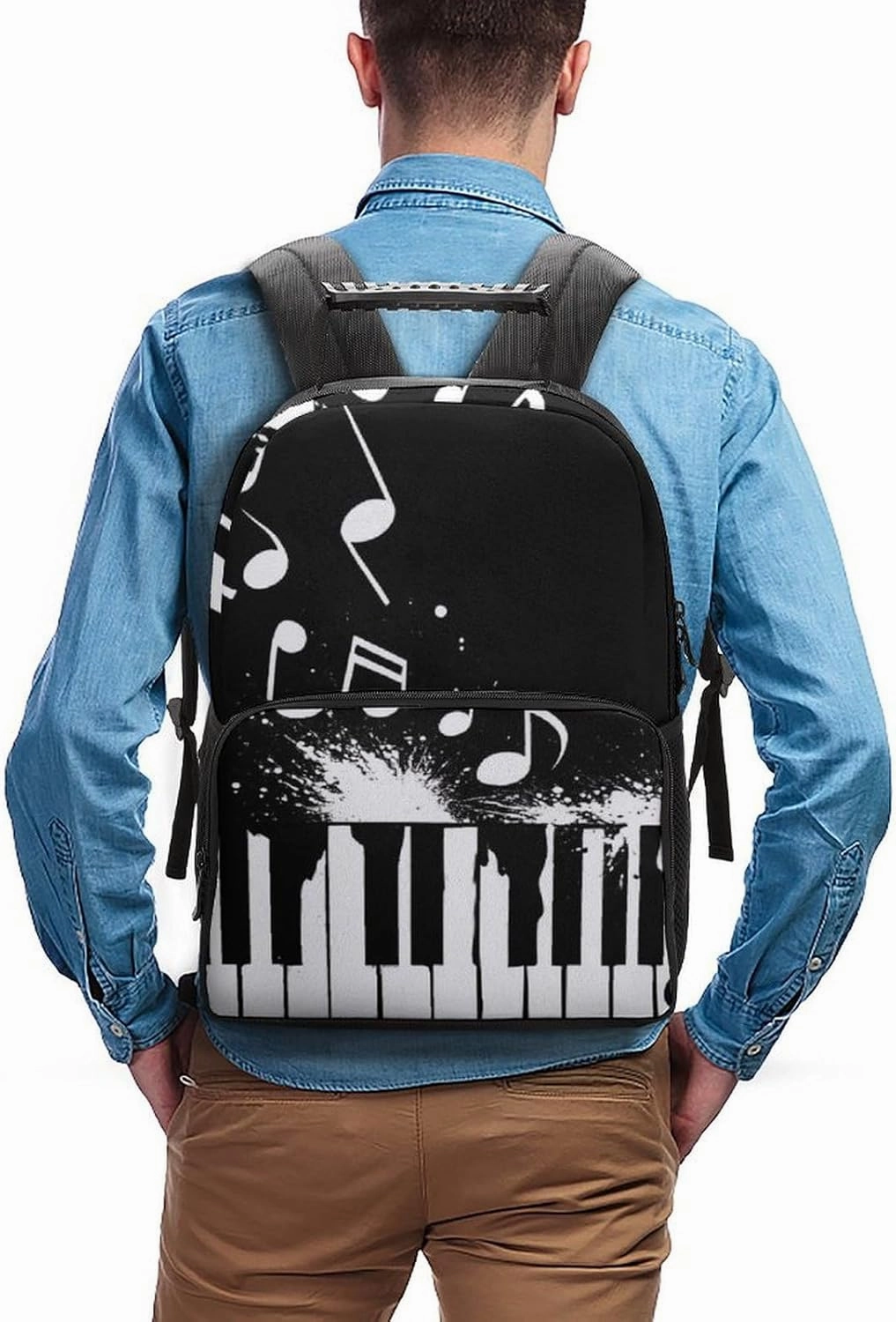 Supdreamc Men Women Polyester Black And White Piano Keys With Musical Notes Daypack Big Capacity Shoulder Bag With Smooth Zippers for Hiking Work Walking Cycling