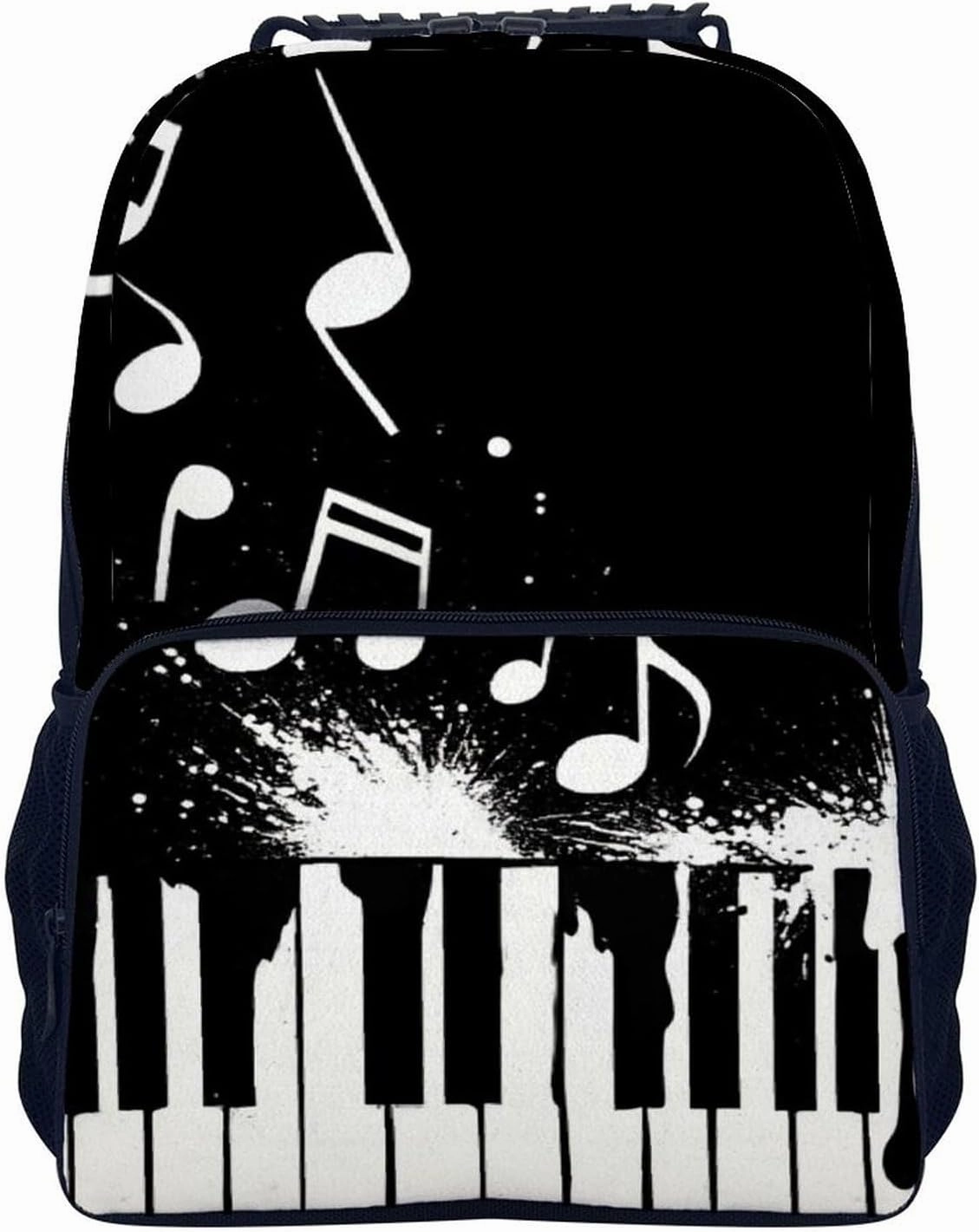 Supdreamc Men Women Polyester Black And White Piano Keys With Musical Notes Daypack Big Capacity Shoulder Bag With Smooth Zippers for Hiking Work Walking Cycling