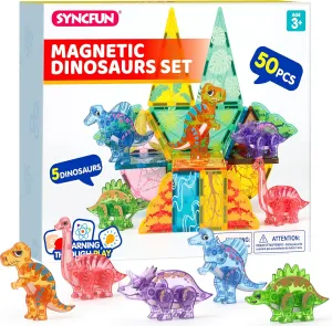 SYNCFUN Magnetic Building Tiles Dinosaur Set for Kids, 50PCS Including 5 Cute Dinosaurs, Educational STEM Toy for Boys & Girls Ages 3-5 4-8, Christmas Birthday Party Gift for Toddlers