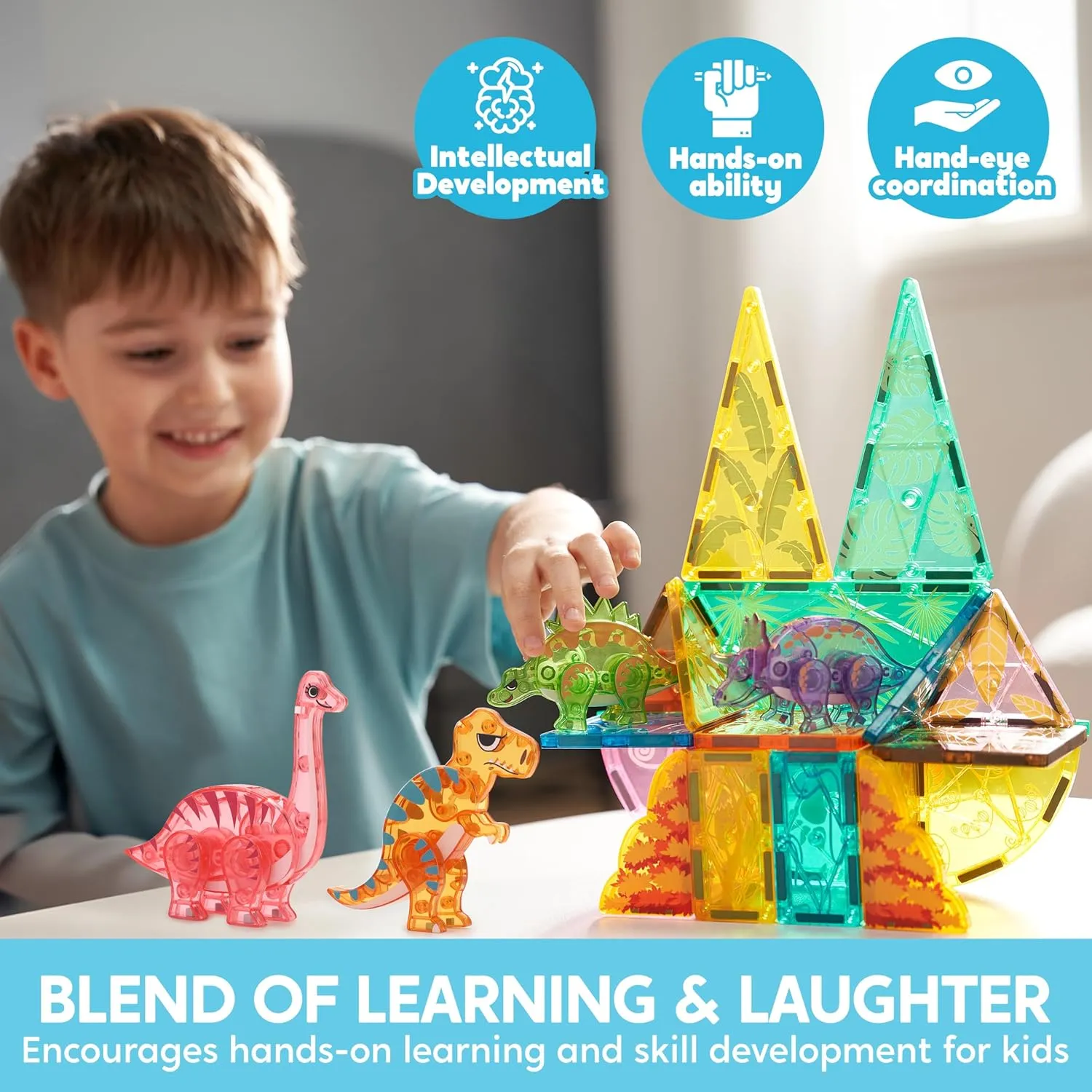 SYNCFUN Magnetic Building Tiles Dinosaur Set for Kids, 50PCS Including 5 Cute Dinosaurs, Educational STEM Toy for Boys & Girls Ages 3-5 4-8, Christmas Birthday Party Gift for Toddlers