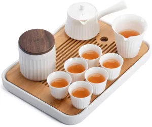 Tea Set, Tea Sets Ceramic Tea Sets Package Includes Teapot Teacups Tea Canister Bamboo Tea Tray Communal Cup Package Three Colors to Choose Coffee Set