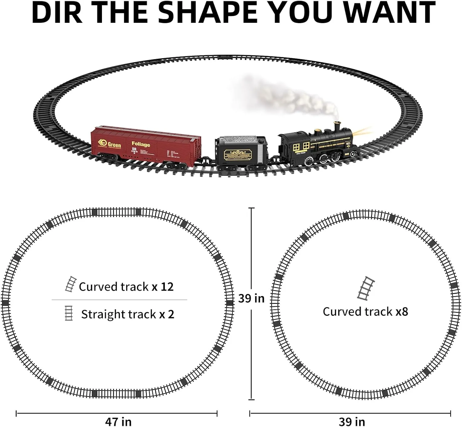 TEMI Steam Train Toy Set for Boys 3 4 5 6 7 Years, with Sounds & Light, Electric Classical Engine Locomotive for Kids, Rechargeable Model Train Kit for Christmas Tree, Cargo Car Railway Tracks