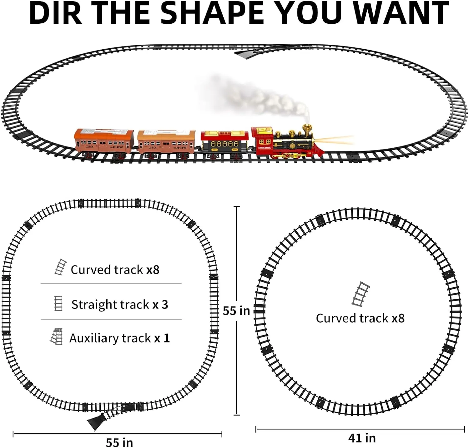 TEMI Train Set for Kids Toddlers 3-5, Train with Steam Engine, Cargo Car and Long Track, Rechargeable Battery Play Red Train Toys with Smoke, Light & Sounds, Gift for Boys & Girls 4-7 Years
