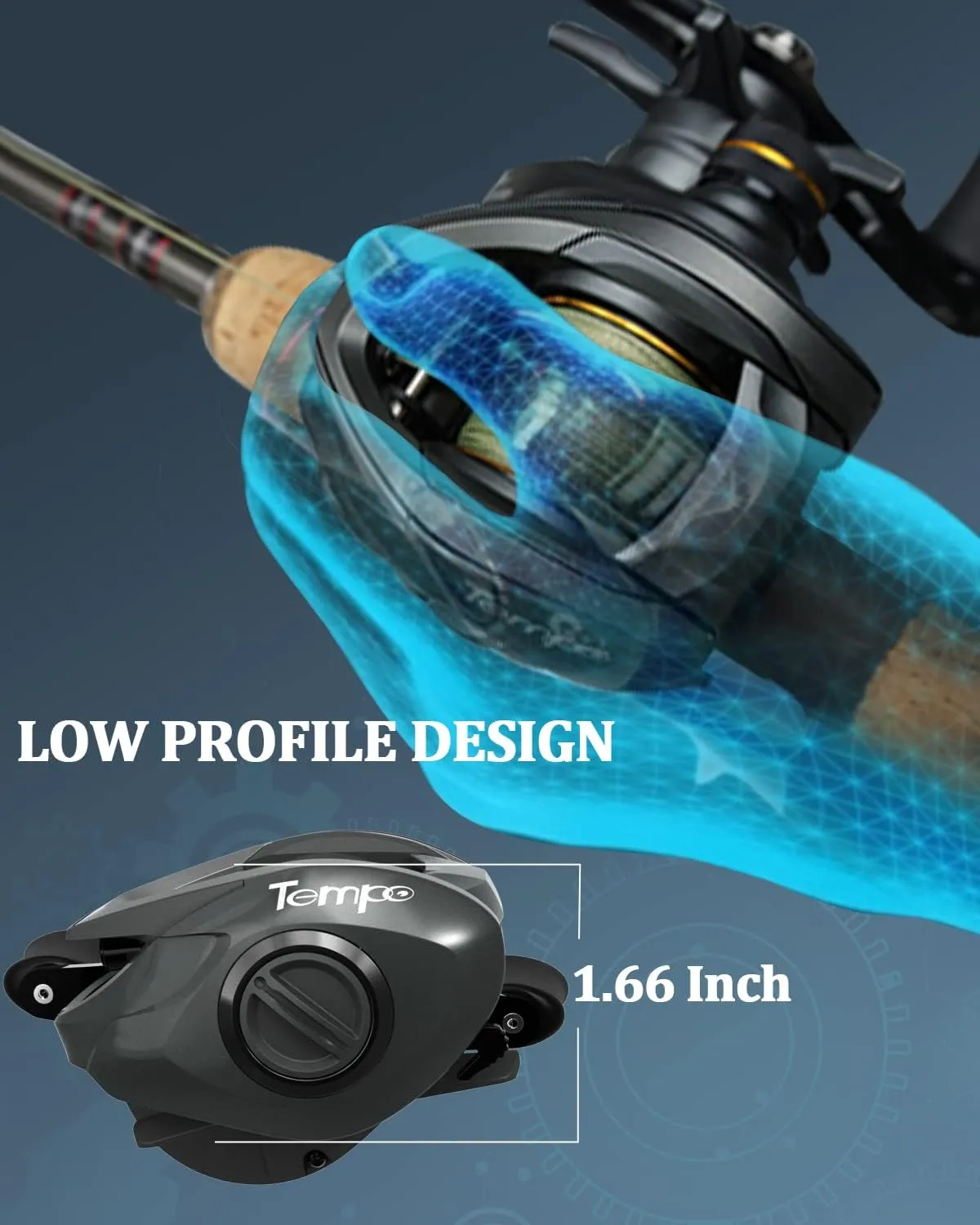 Tempo Baitcasting Reel, Super Smooth 9 1 BB,20LBs Carbon Fiber Drag, 6.6:1 Brass Gear Ratio Low Profile Design Fishing Reel, Magnet Braking System Baitcaster Reel,Dark Grey Left