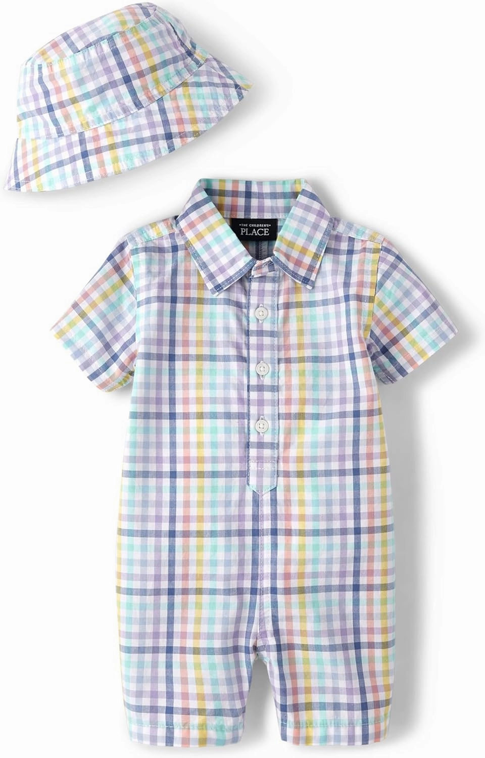 The Children's Place baby-boys And Newborn Woven Plaid Romper and Hat 2-piece Set