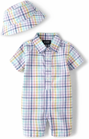 The Children's Place baby-boys And Newborn Woven Plaid Romper and Hat 2-piece Set