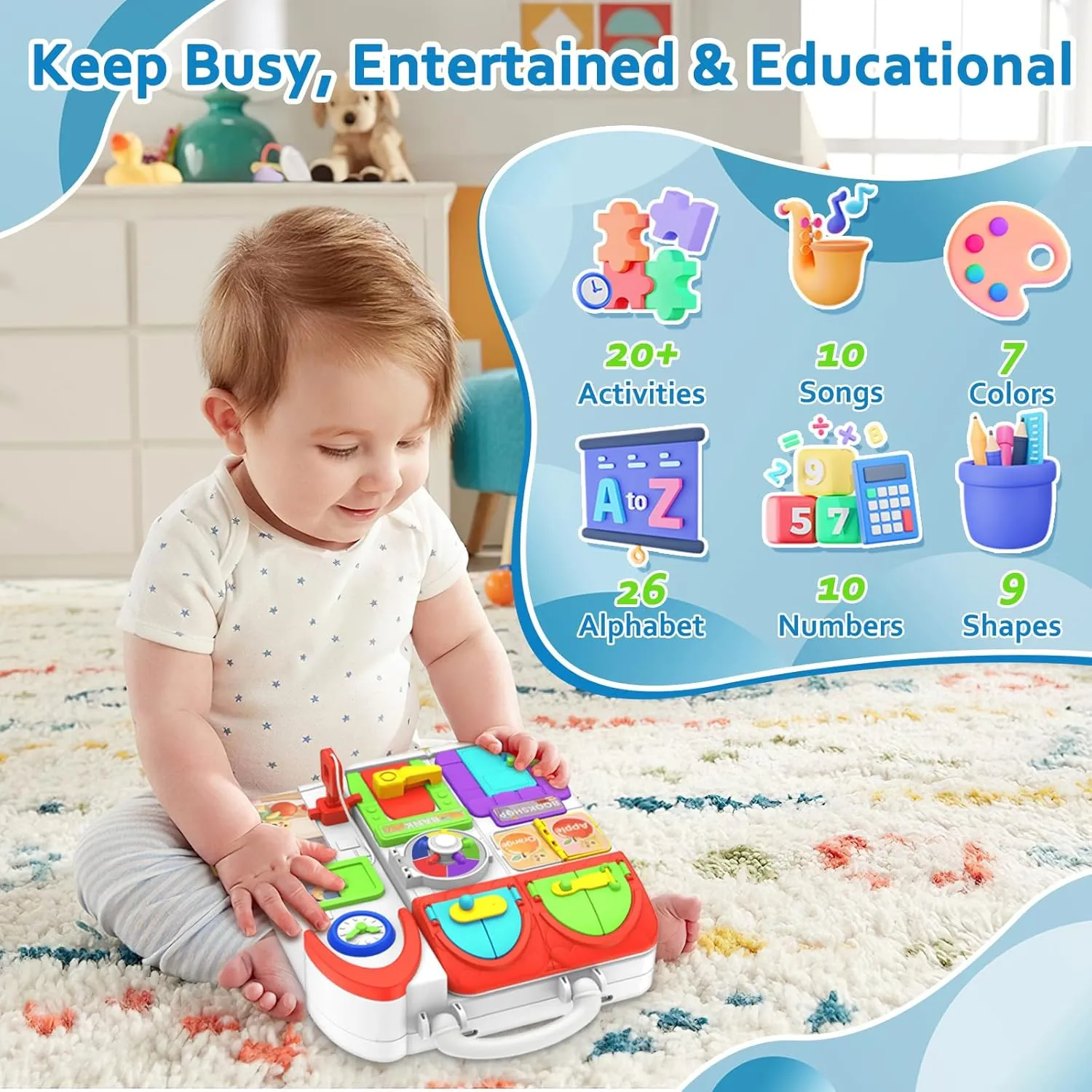 Toddler Toys for 1-2 Year Old Boy, Musical Montessori Busy Board, Early Educational Toy for Toddlers 1-3, Motor Skills Developmental Toy for 12-18 Month Age, Birthday Gift for 1  Year Old Boy Girl
