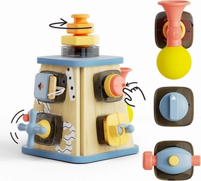 TOP BRIGHT 8 in 1 Wooden Activity Cube, Montessori Toys for 2 Year Old Boy Girl Toddlers, Busy Board for Fine Motor Skills, Education Learning Sensory Development Birthday Gift 18 Months Girl Boy