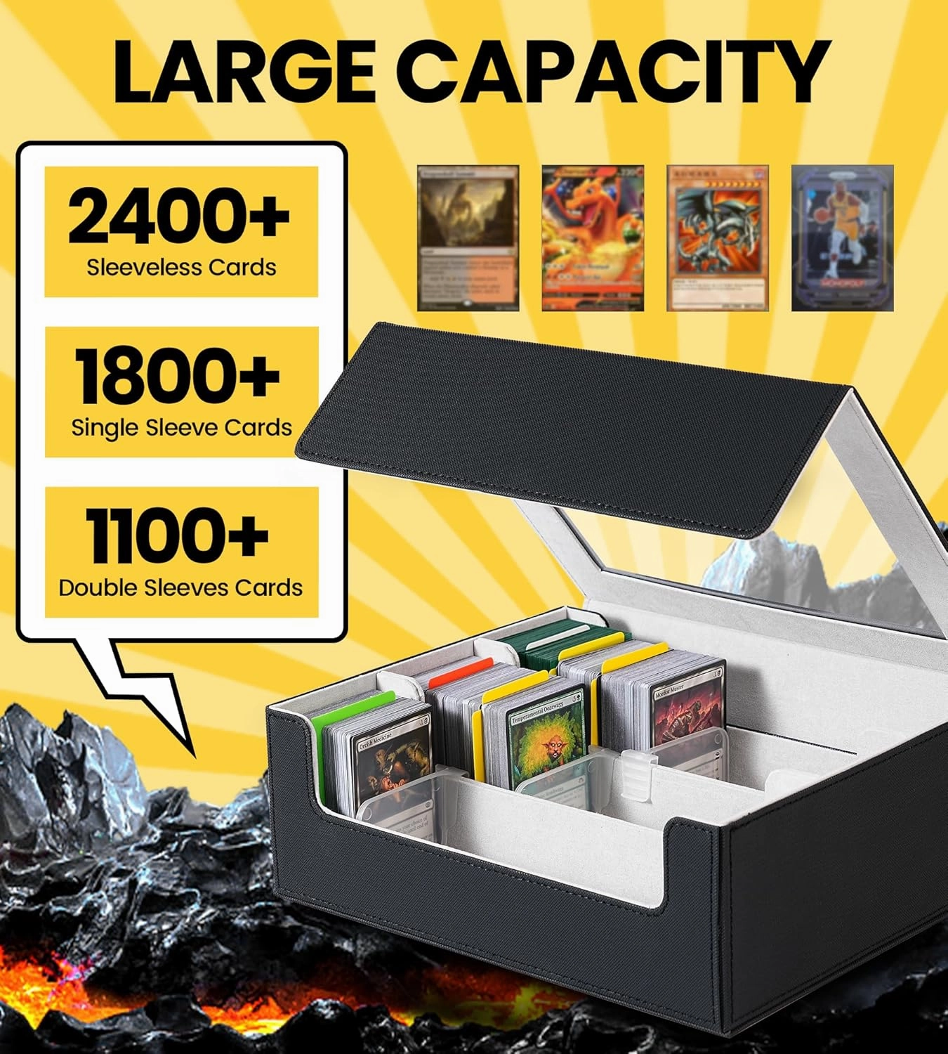 Trading Card Storage Box - 2400  Commander Card Deck Case with See-through Display Top for Magic the Gathering YuGiOh, TCG MTG PTCG Box with 12 Dividers 4 Supporters, Black and Gray