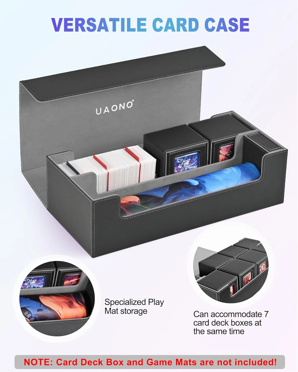 Trading Card Storage Box for MTG, Fits 7 Pcs Small Commander Deck Box, Large Card Deck Case with Dice Box for TCG PTCG Magic Sports Cards Game Playmat (Black, Gray)