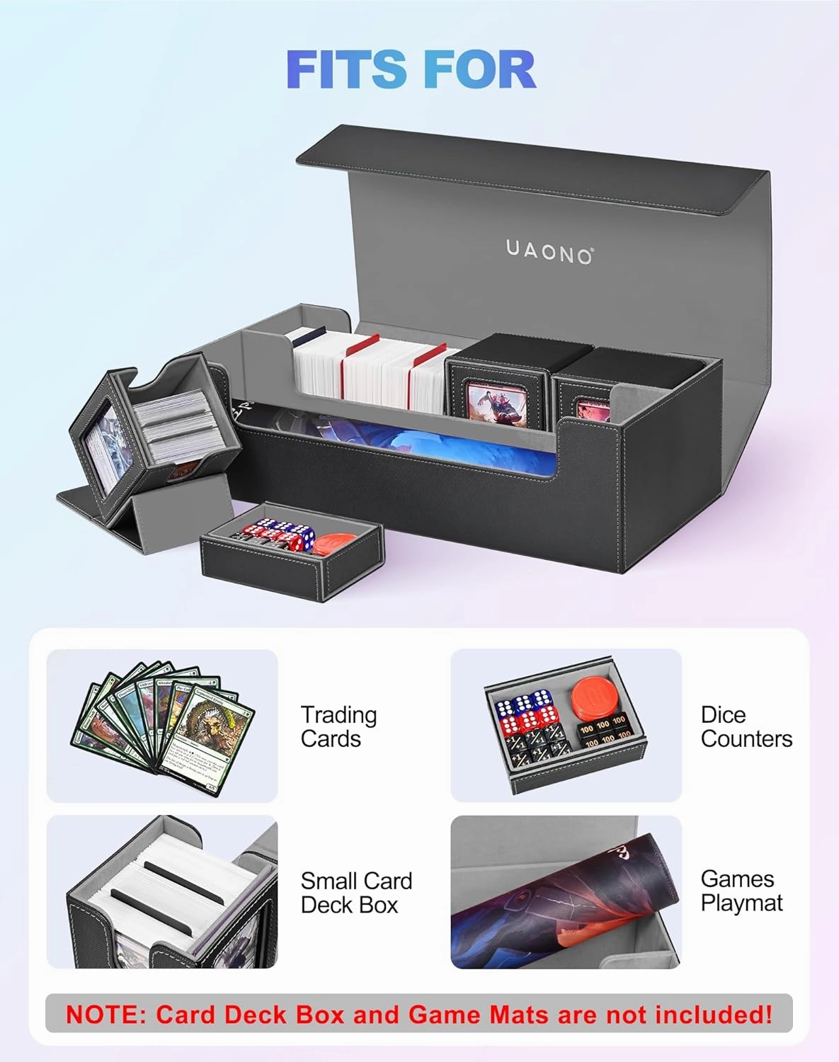 Trading Card Storage Box for MTG, Fits 7 Pcs Small Commander Deck Box, Large Card Deck Case with Dice Box for TCG PTCG Magic Sports Cards Game Playmat (Black, Gray)