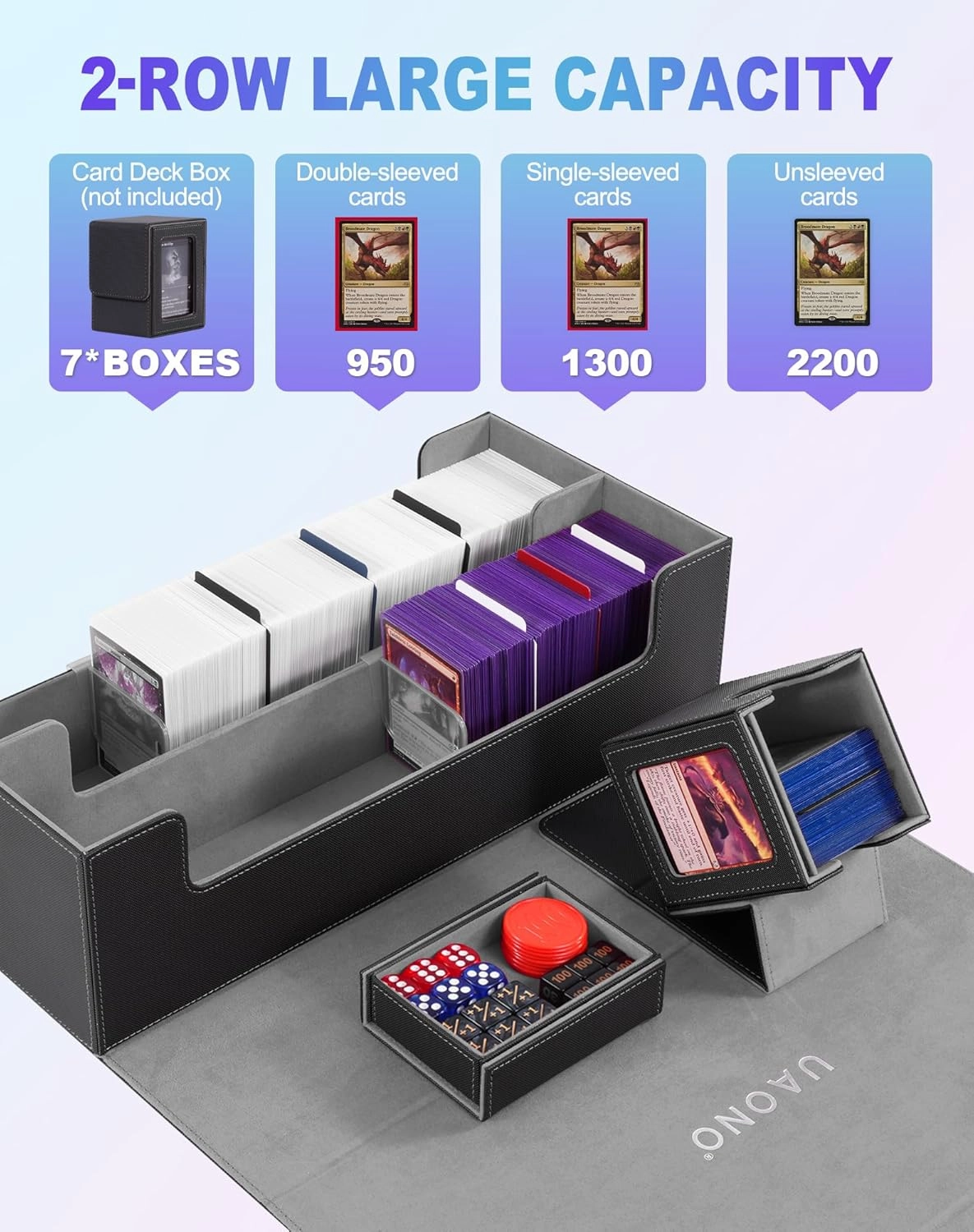 Trading Card Storage Box for MTG, Fits 7 Pcs Small Commander Deck Box, Large Card Deck Case with Dice Box for TCG PTCG Magic Sports Cards Game Playmat (Black, Gray)