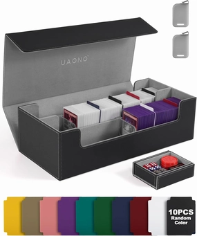 Trading Card Storage Box for MTG, Fits 7 Pcs Small Commander Deck Box, Large Card Deck Case with Dice Box for TCG PTCG Magic Sports Cards Game Playmat (Black, Gray)