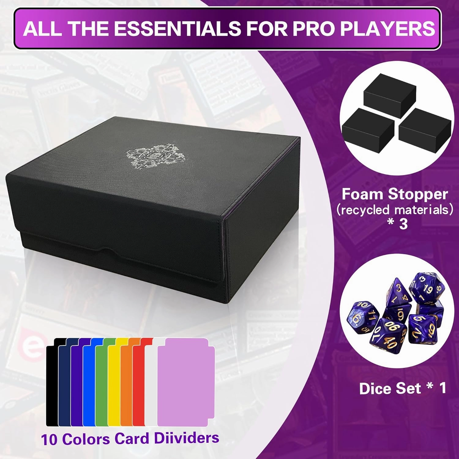 Trading Card Storage Box for MTG/TCG/YuGiOh, Commander Deck Case Fits 2000  Cards, 10 Dividers, Dice Set, 3 Foam Stoppers, PU Leather, Magnetic Closure, Magic, Sports Cards (Purple)