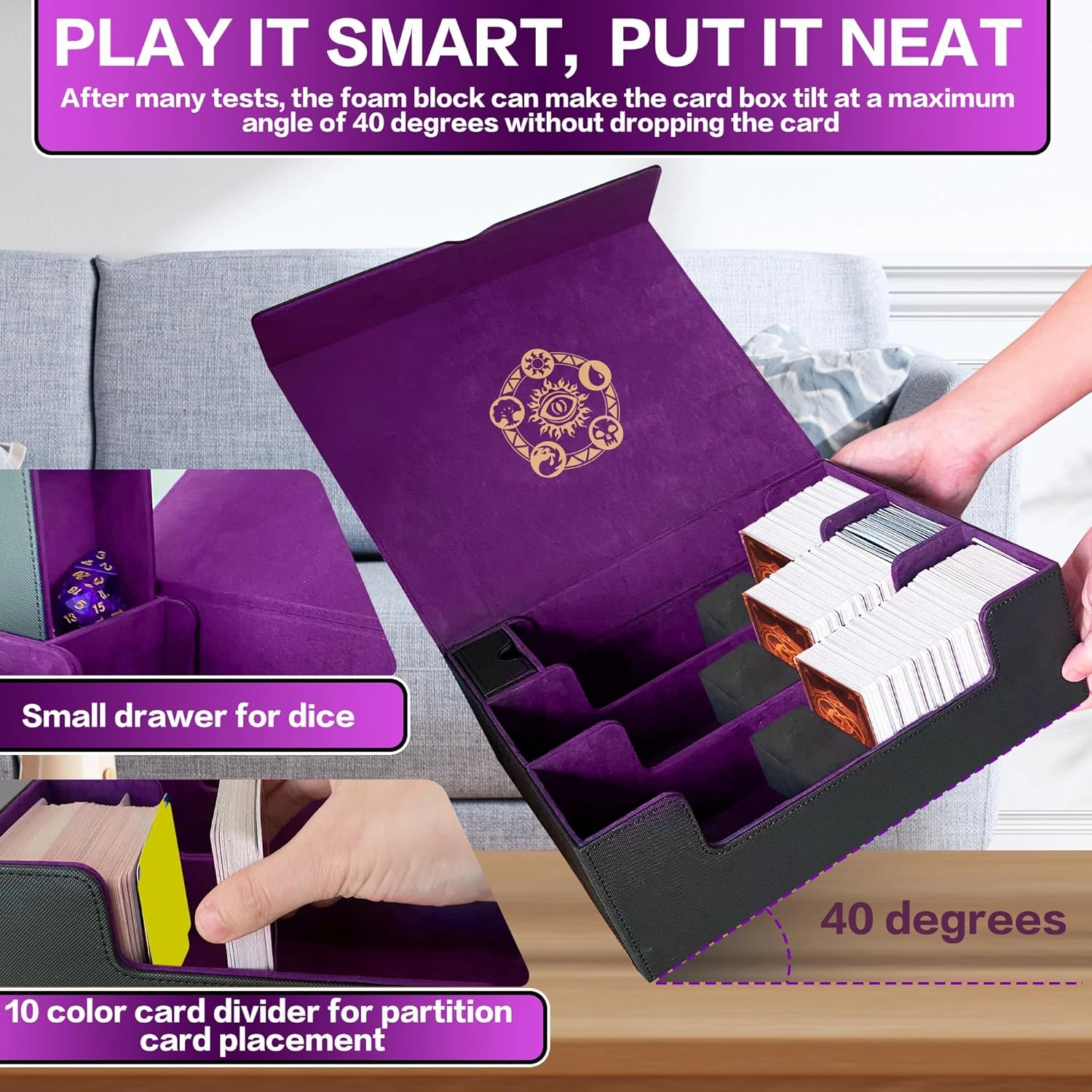 Trading Card Storage Box for MTG/TCG/YuGiOh, Commander Deck Case Fits 2000  Cards, 10 Dividers, Dice Set, 3 Foam Stoppers, PU Leather, Magnetic Closure, Magic, Sports Cards (Purple)