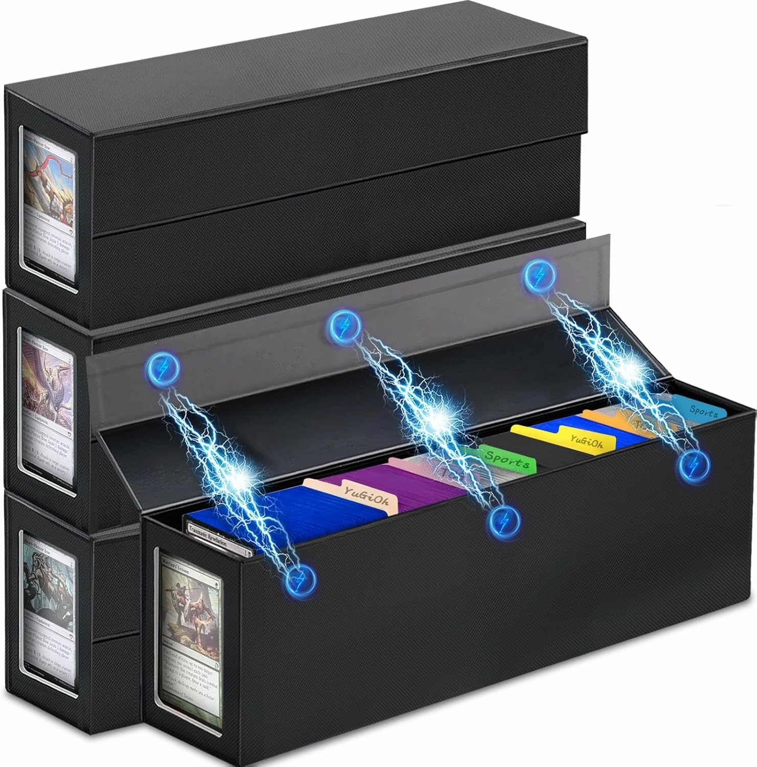 Trading Card Storage Box, Magnetic, Toploaders, Black, Bulk Boxes for Tcg, Sports, Game, Basketball, Fits 850 Sports and 1200 Standard Cards-4 Pack