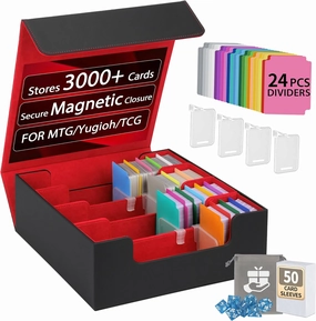 Trading Card Storage Box with Dividers, Sleeves, Dice Bag & Magnetic Closure, PU Leather Deck Case – Fits Standard TCG, Sports & Graded Cards – 4 Row 3000  Capacity（Red）