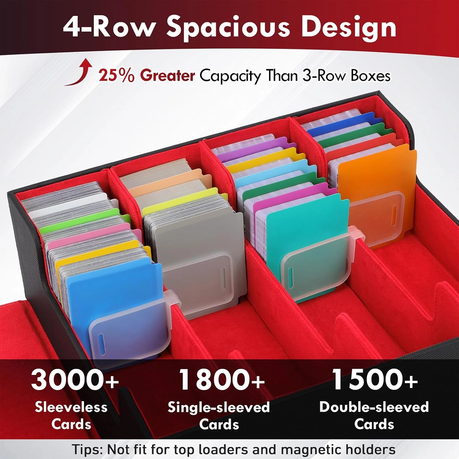 Trading Card Storage Box with Dividers, Sleeves, Dice Bag & Magnetic Closure, PU Leather Deck Case – Fits Standard TCG, Sports & Graded Cards – 4 Row 3000  Capacity（Red）