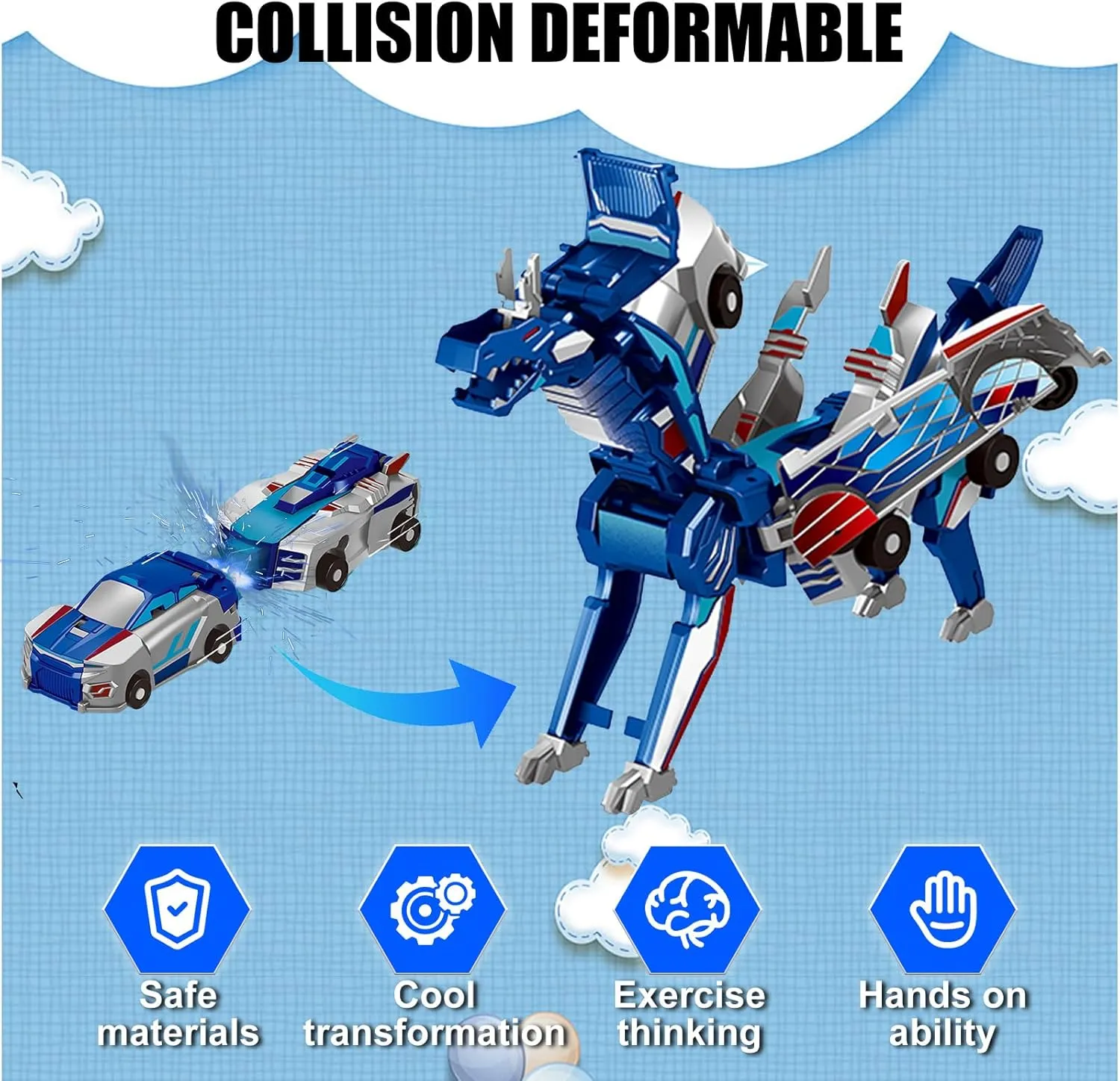 Transforming Dinosaur Toys，Transformation Car Toy with Collision Transforming Car for Girls Age 4-6 |Party Gift for Birthday, Christmas (Blue Dragon)