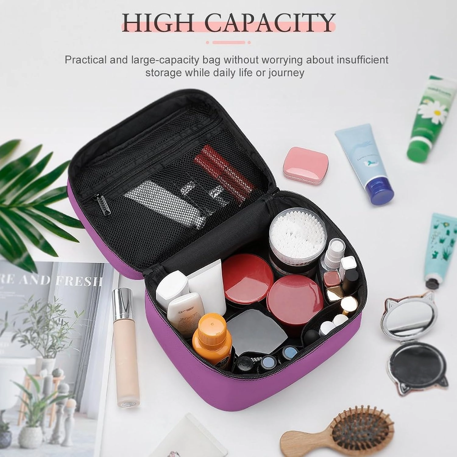 Travel Makeup Bag, Elegant Simple Bold Purple Cosmetic Bags for Women Large Capacity Waterproof Toiletry Bag Make up Organizer