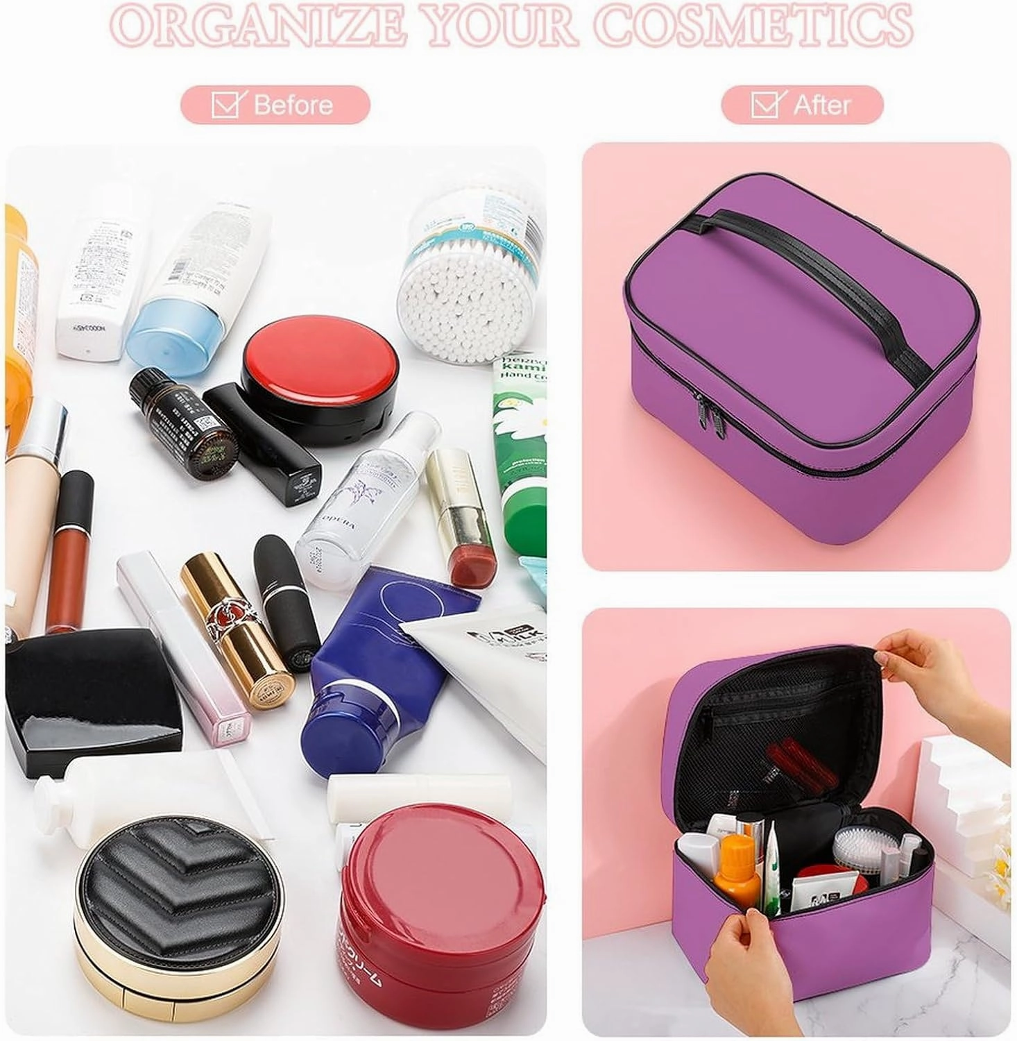 Travel Makeup Bag, Elegant Simple Bold Purple Cosmetic Bags for Women Large Capacity Waterproof Toiletry Bag Make up Organizer