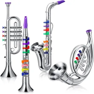 Treela Set of 4 Musical Instruments Toy Clarinet, Toy Saxophone, Trumpet, and Horn for Beginners, 4 Wind and Brass Musical Instruments Combo with Over 10 Color Keys Coded for Boys Girls(Silver)