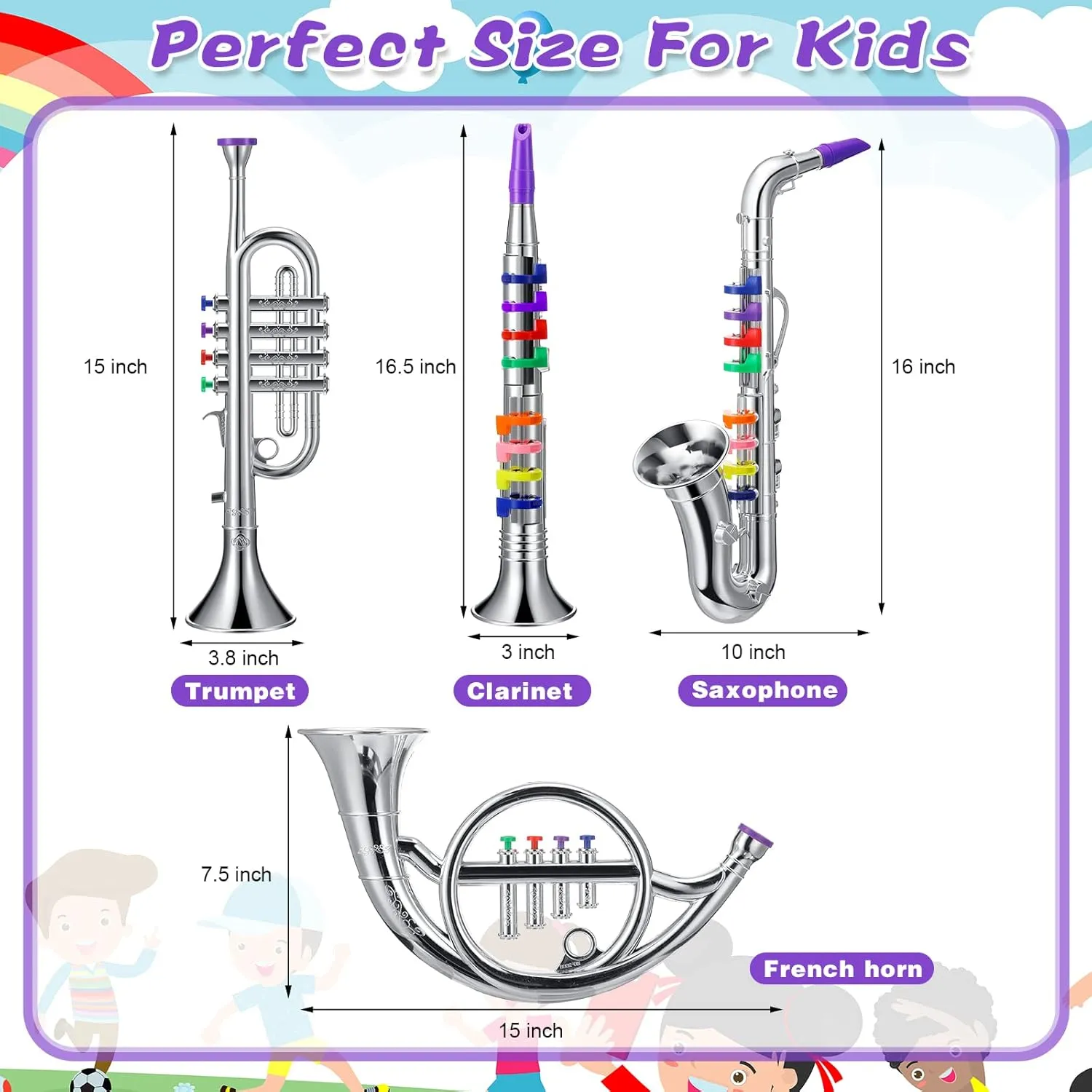 Treela Set of 4 Musical Instruments Toy Clarinet, Toy Saxophone, Trumpet, and Horn for Beginners, 4 Wind and Brass Musical Instruments Combo with Over 10 Color Keys Coded for Boys Girls(Silver)