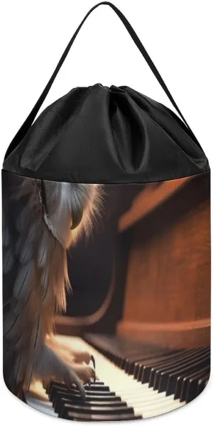 Trendy-floral-print Toy Storage Drawstring Tote Bags Owl Plays Piano Printed Large Toy Storage Bags Foldable Storage Bin