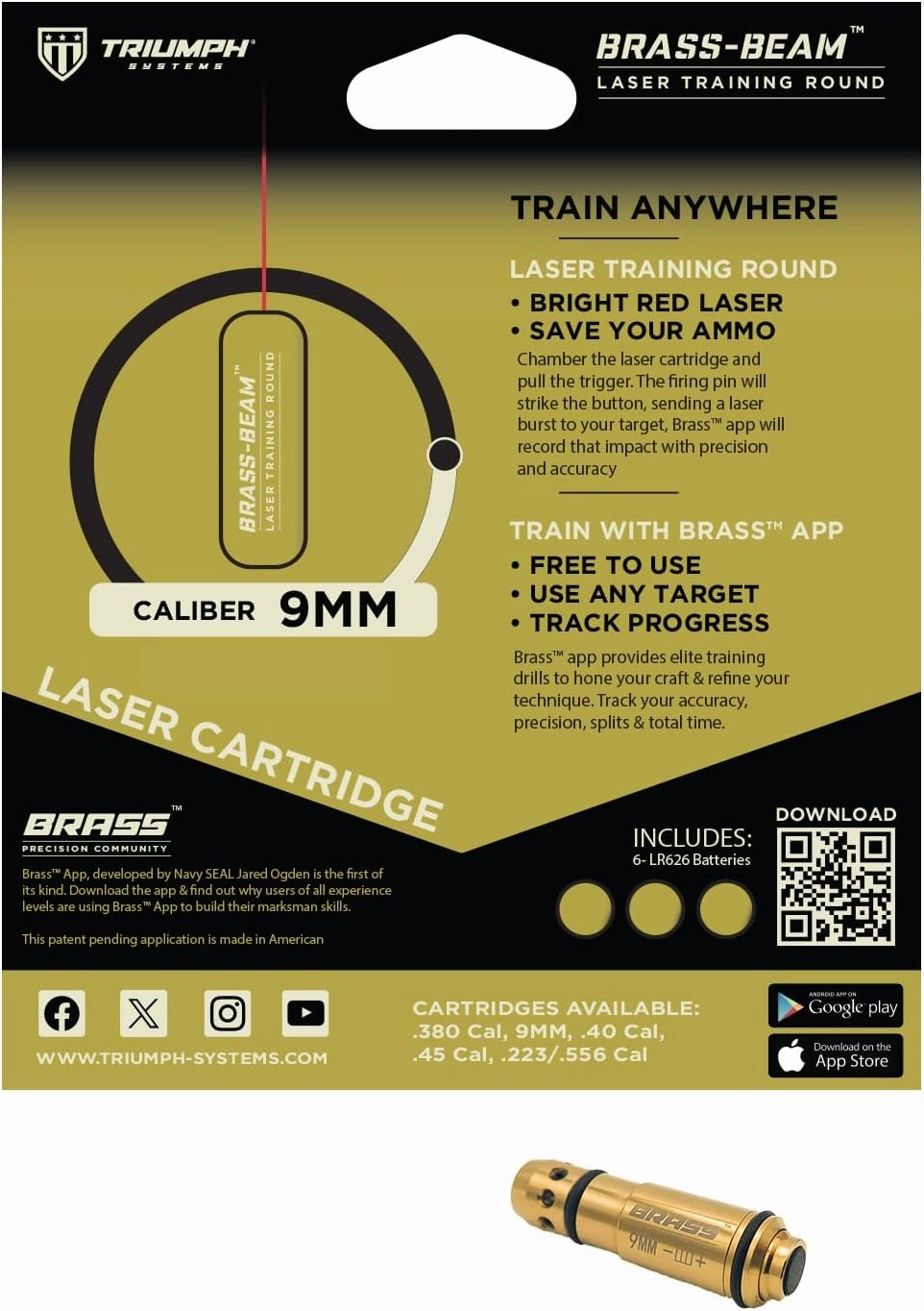 Triumph Systems Brass Beam Dry Fire Training Laser, 9mm