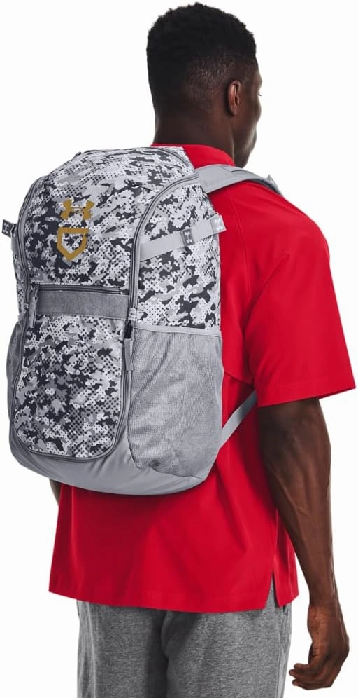 Under Armour Unisex-Adult Utility Baseball Backpack Print, (036) Steel / / Metallic Gold, One Size Fits All