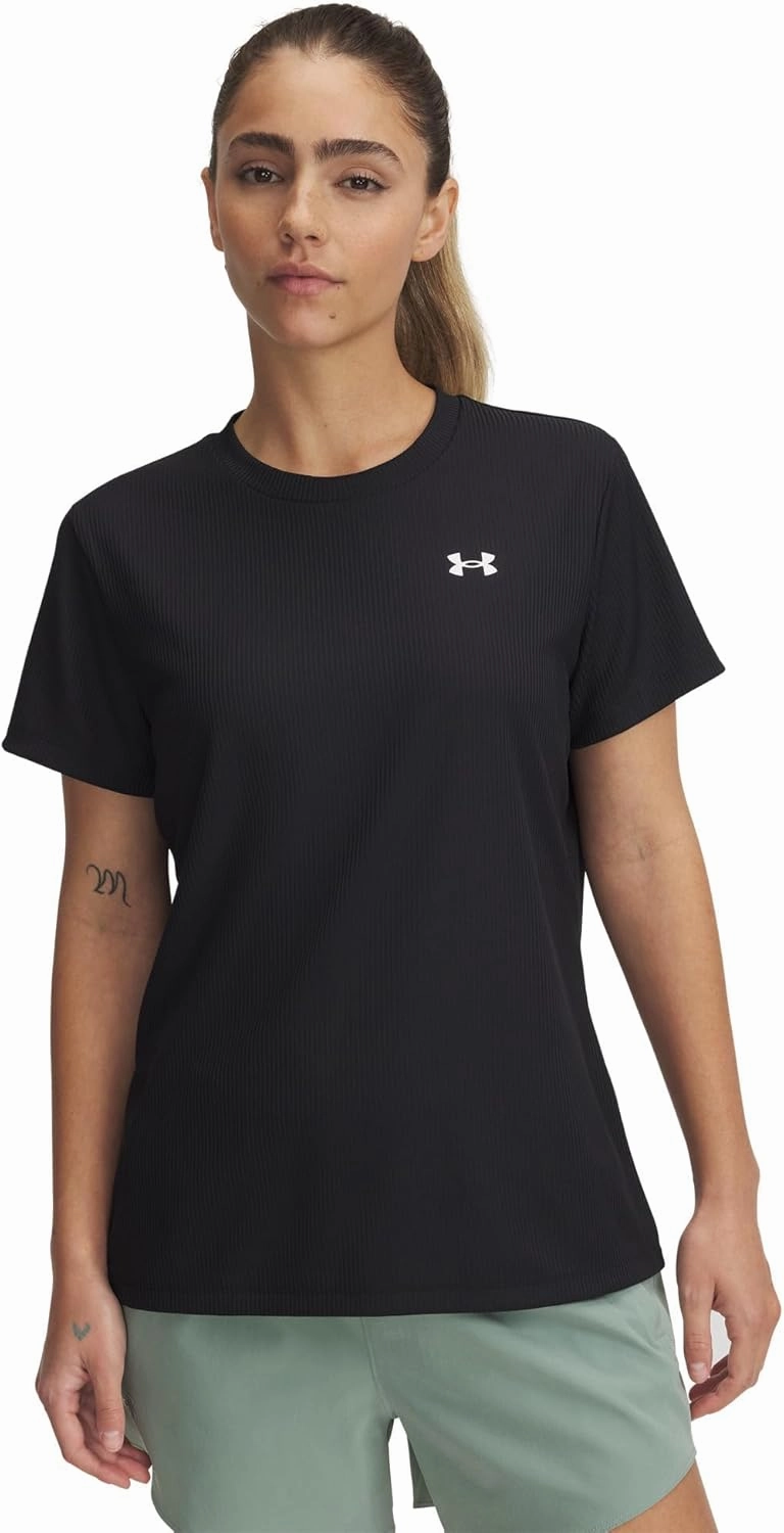 Under Armour Women's Tech Ribbed Short Sleeve Crew, (001) Black / / White, Large