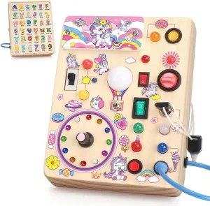 Unicorn Busy Board with LED Light，Montessori Toy for 1  Year Old，Engaging Sensory Board for Fine Motor Skills,Gifts & Travel Toys for Toddlers 1-3,Busy Board Plus Version.