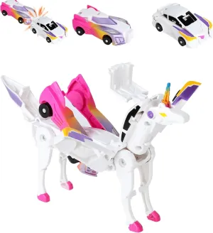 Unicorn Car-Robot Transforming Action Figure Set, 2Pcs for Kids - Magnetic Toys with Sturdy Connectors, Automatically Transforms (Pink)