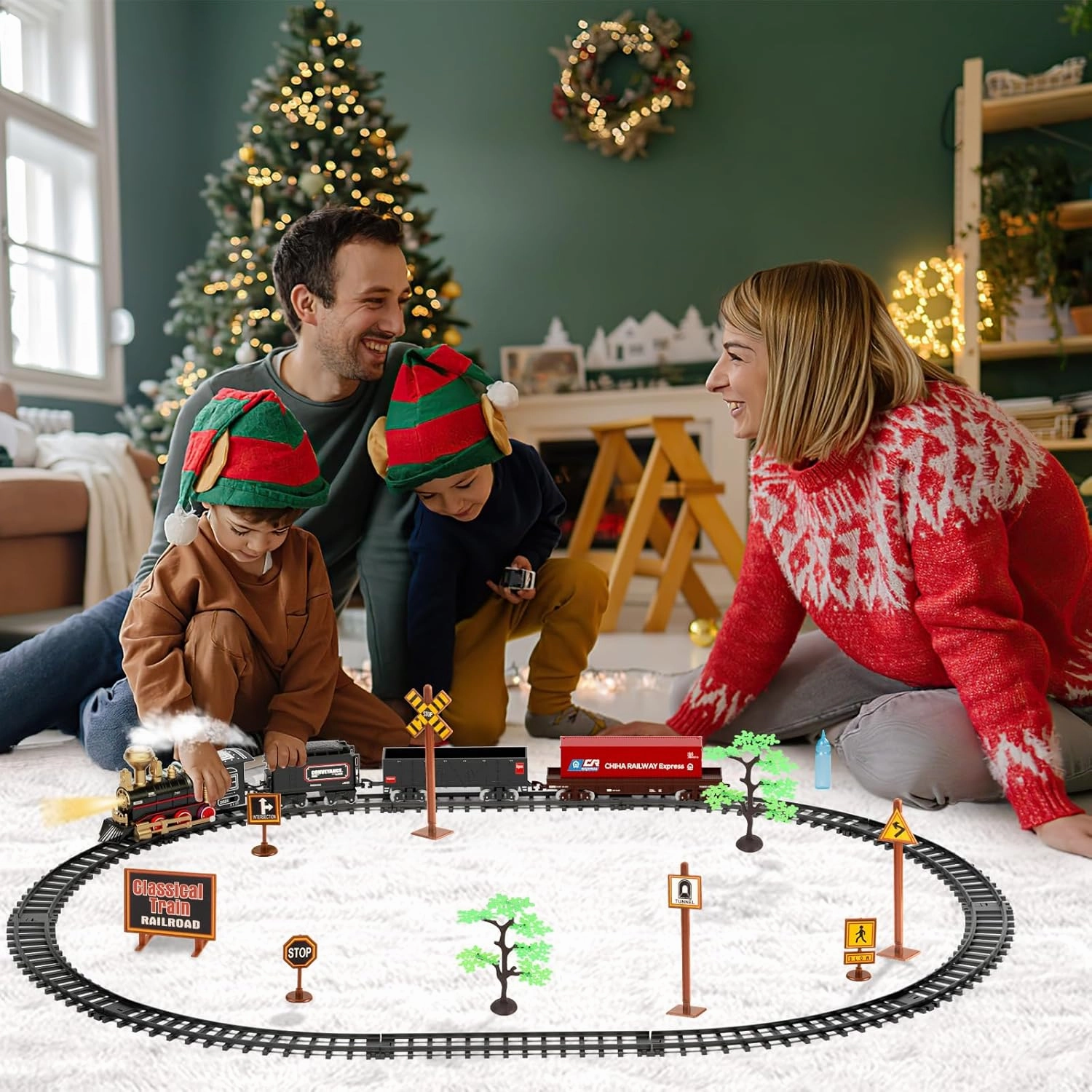 UNIH Train Set,Electric Train Toys with Steam Locomotive Engine,Cargo Car and Long Track, Model Train Set with Smokes,Lights & Sound, Toy Train Birthday Xmas Prezzie for 3  Year Old Kids Boys Girls