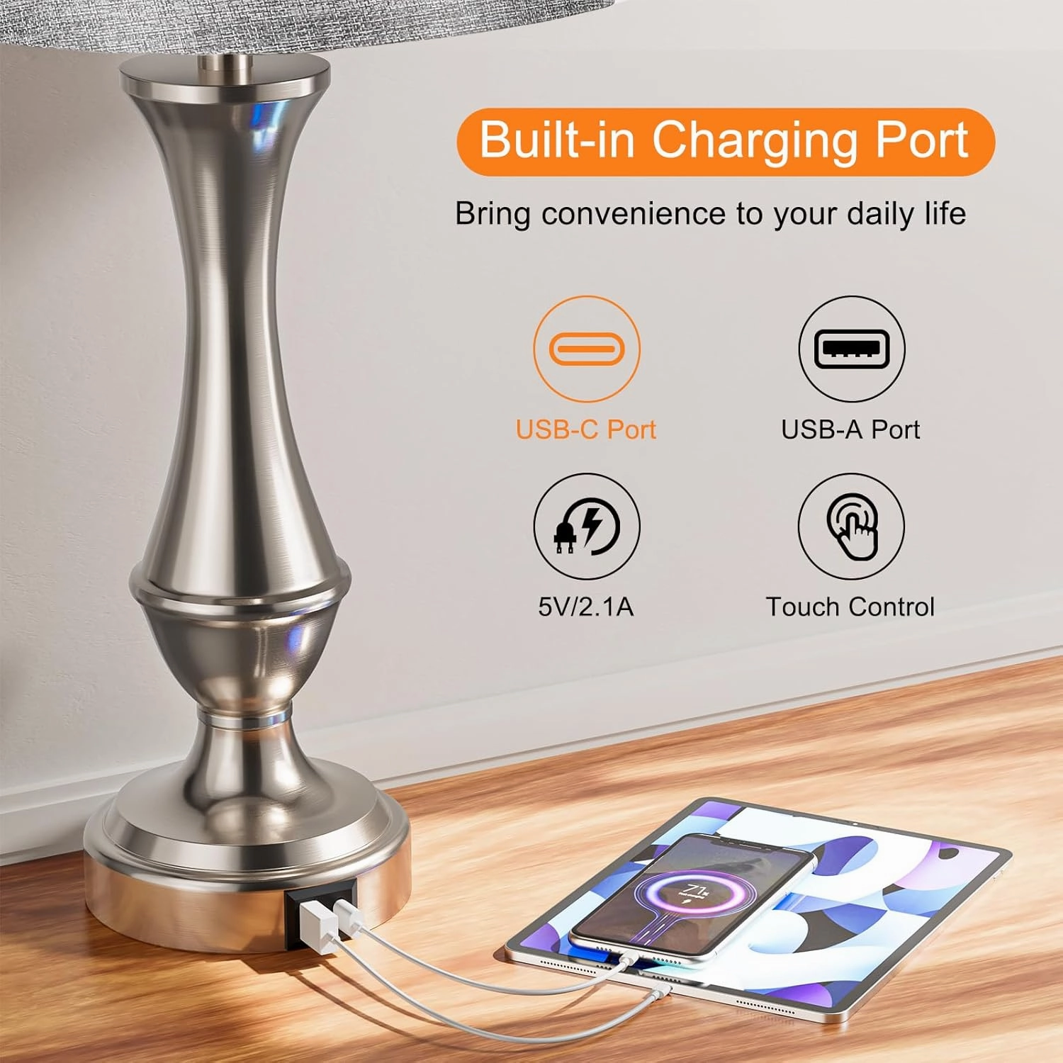 Upgraded Touch Lamps for Night Stands Set of 2 - Bedside Lamps with USB C A, 3 Way Dimmable for Bedroom Living Room End Tables Office (Grey&Nickel)