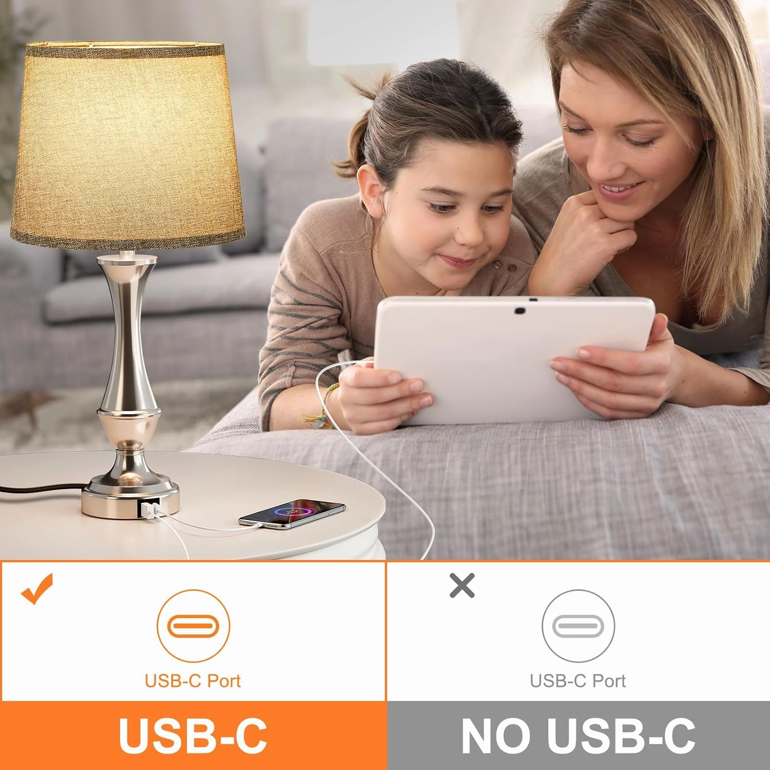 Upgraded Touch Lamps for Night Stands Set of 2 - Bedside Lamps with USB C A, 3 Way Dimmable for Bedroom Living Room End Tables Office (Grey&Nickel)